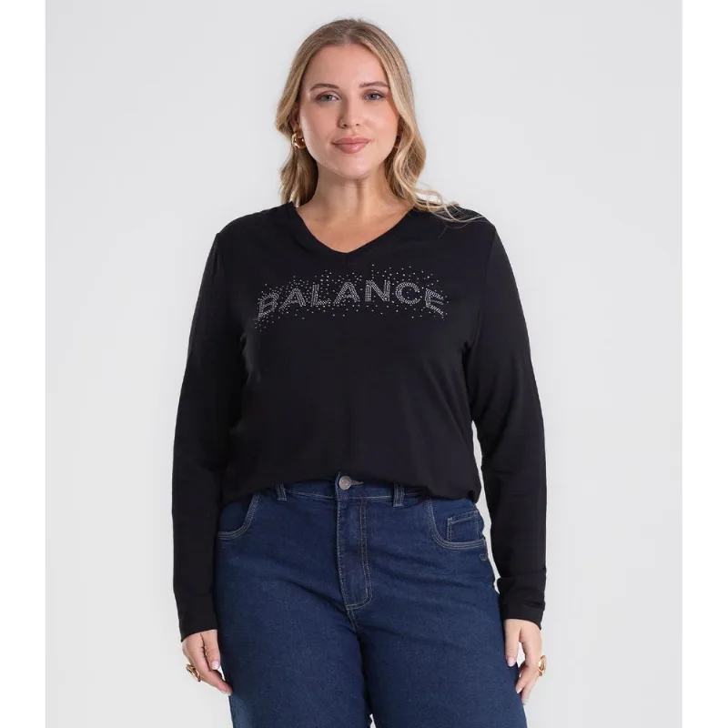 Blusa Manga Longa Plus Size Secret Glam Preto Plus G3