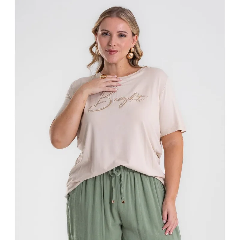 Camiseta Feminina Bordado Plus Size Secret Glam Bege Plus G4