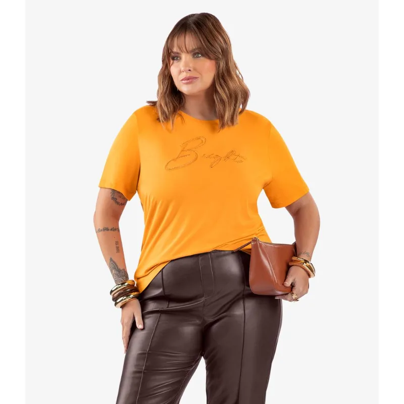 Camiseta Feminina Bordado Plus Size Secret Glam Amarelo Plus G3