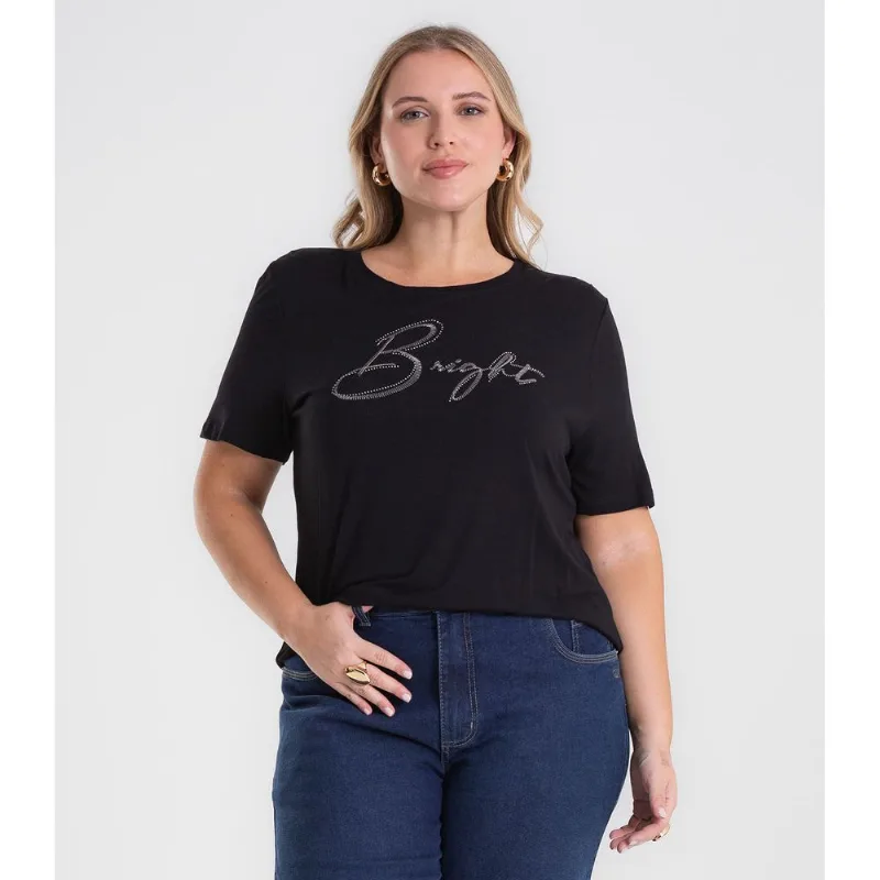 Camiseta Feminina Bordado Plus Size Secret Glam Preto Plus G3