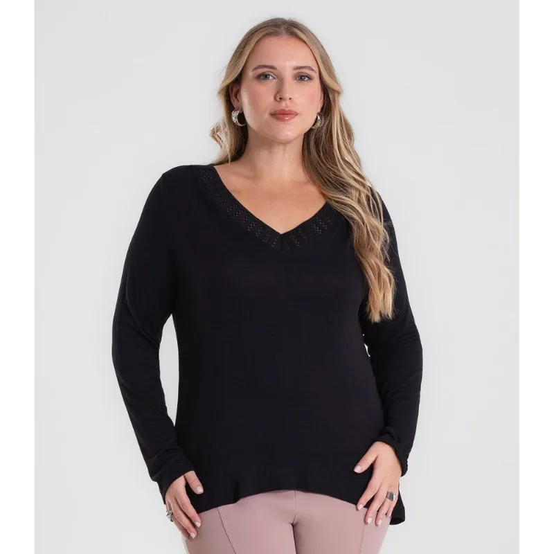 Blusa Manga Longa Visco Plus Size Secret Glam Preto Plus G2