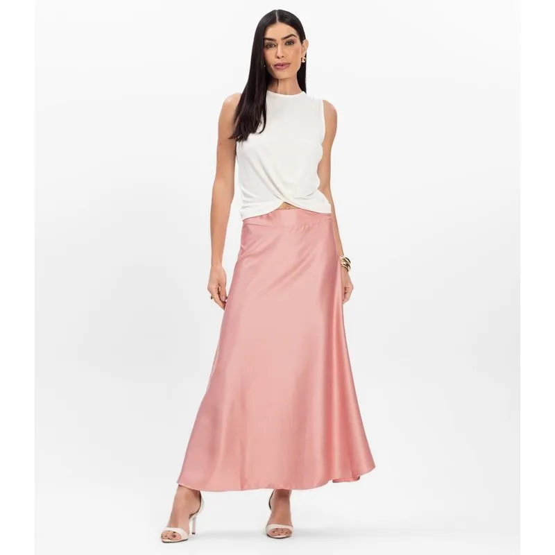 Saia Midi Feminina Fluida Toque Acetinado Select Rosa M