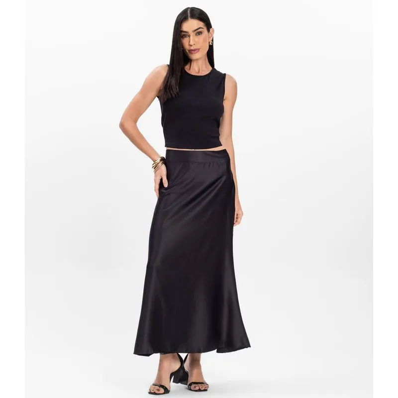 Saia Midi Feminina Fluida Toque Acetinado Select Preto P