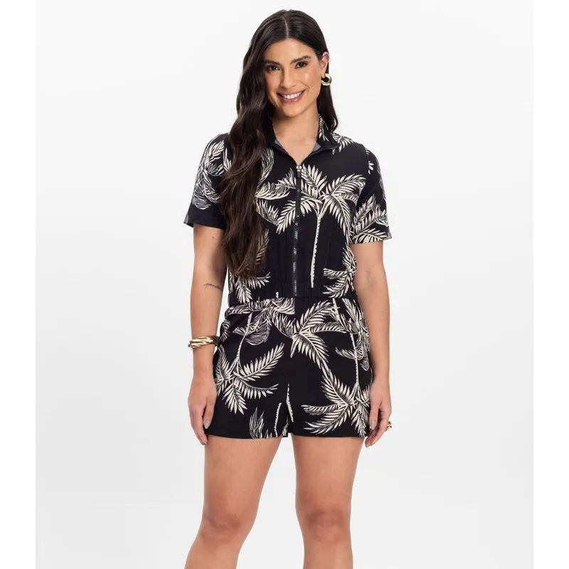 Macaquinho Curto Feminino Estampado Em Viscose Wtb Preto G