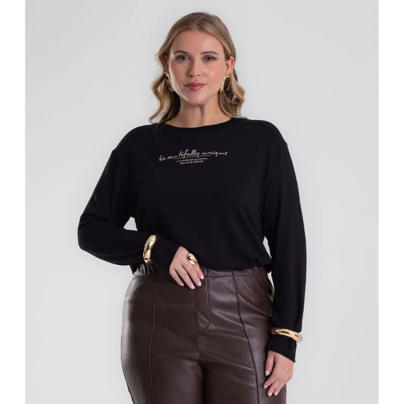 Blusão Feminino Molecotton Plus Size Secret Glam Preto Plus G1