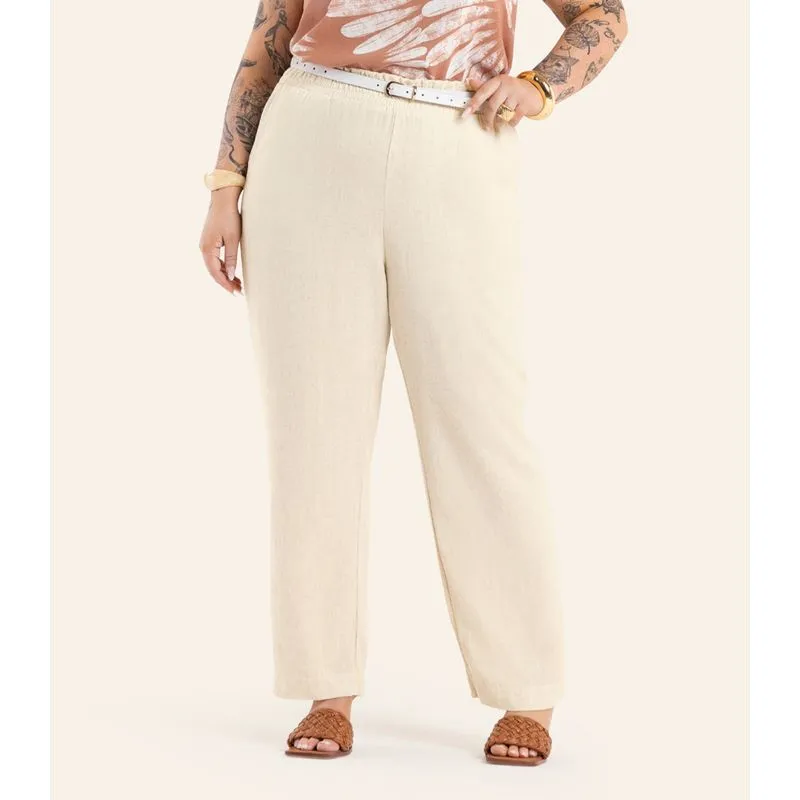 Calça Feminina Reta Linho Secret Glam Bege Plus G1