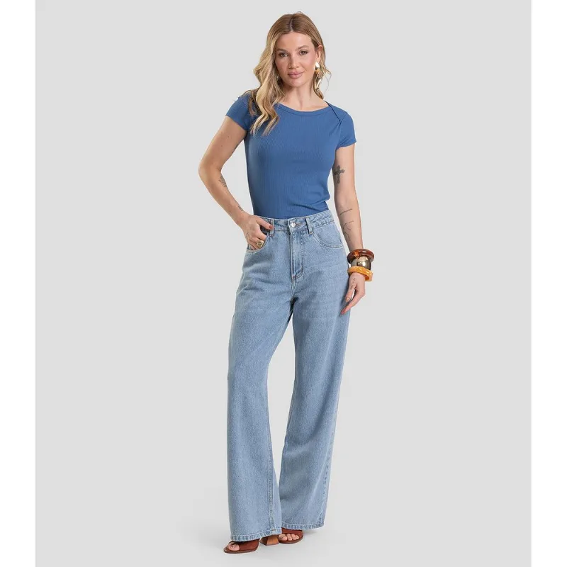 Calça Jeans Feminina Wide Leg Cintura Alta Dianna Azul P