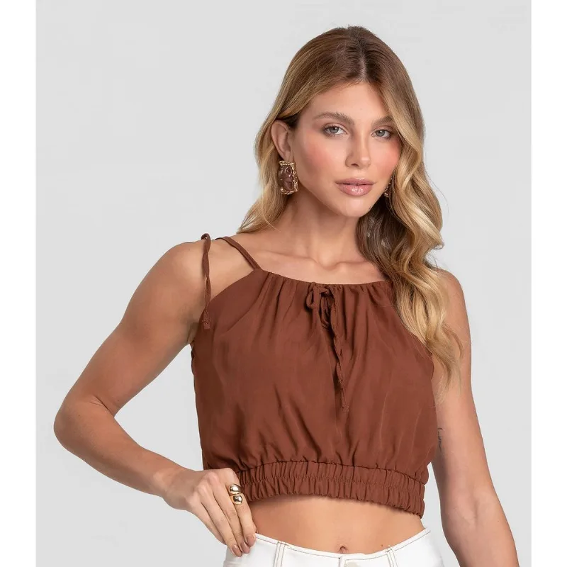 Blusa Cropped Feminina De Alça Em Viscose Dianna Marrom GG