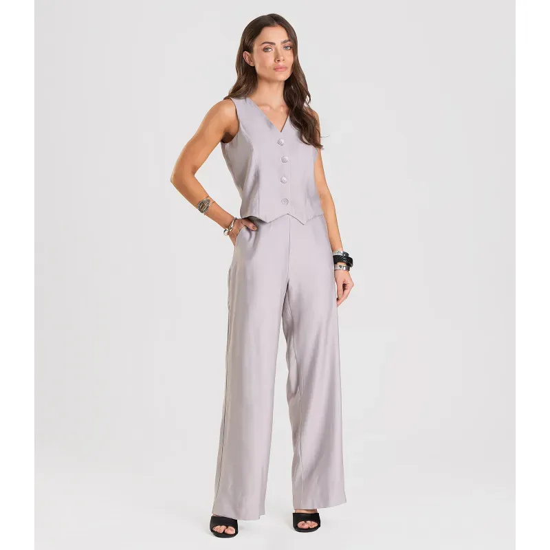 Calça Pantalona em Tecido Alfaiataria Dianna Cinza GG