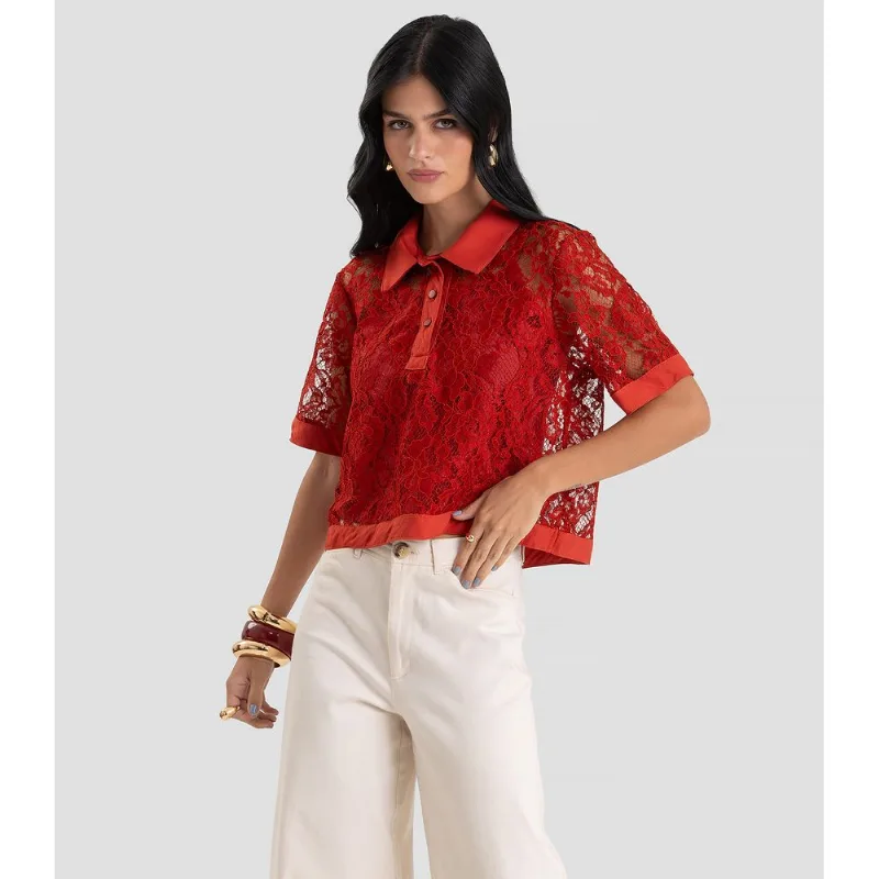 Conjunto Camisa com Blusa Em Renda Feminina Dianna Laranja PP