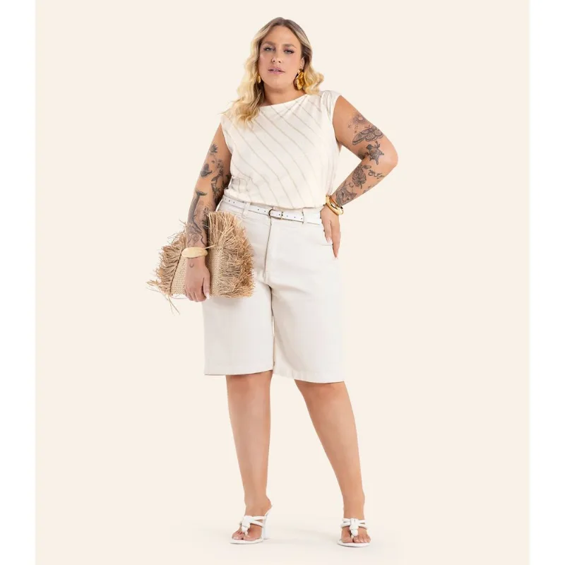 Regata Feminina Viscolinho Listra Secret Glam Bege Plus G3