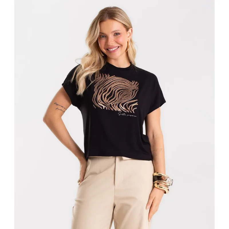 Blusa Feminina Viscotorcion Com Estampa Rovitex Preto P