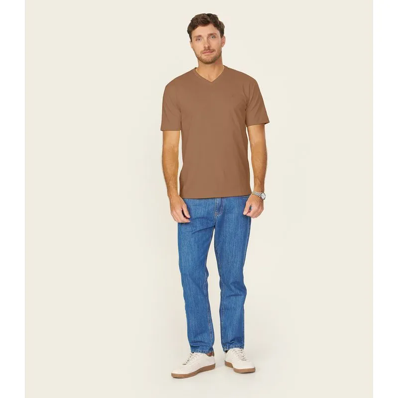 Camiseta Masculina Decote V Em Meia Malha Diametro Marrom P