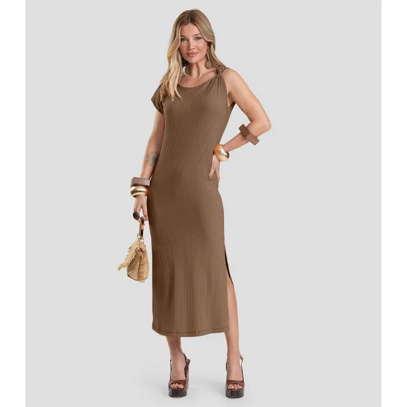 Vestido Midi Canelado Dianna Marrom GG