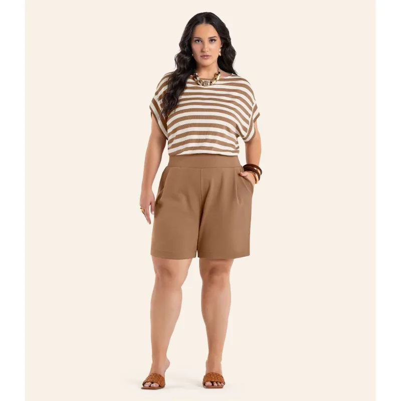 Bermuda Feminina Alfaiataria Secret Glam Marrom Plus G3