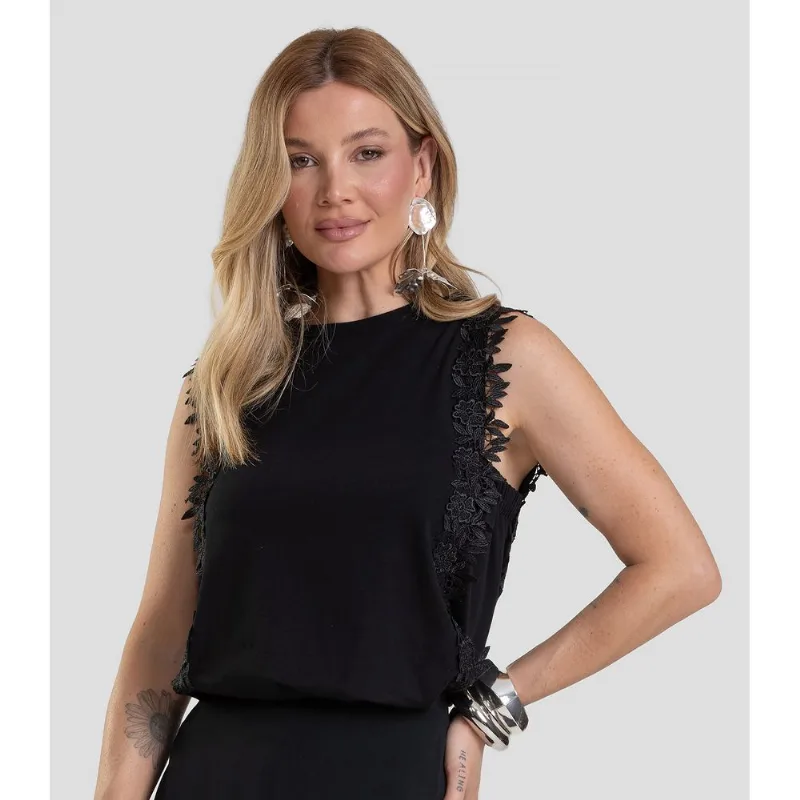 Blusa Feminina Com Renda Guipir Dianna Preto GG