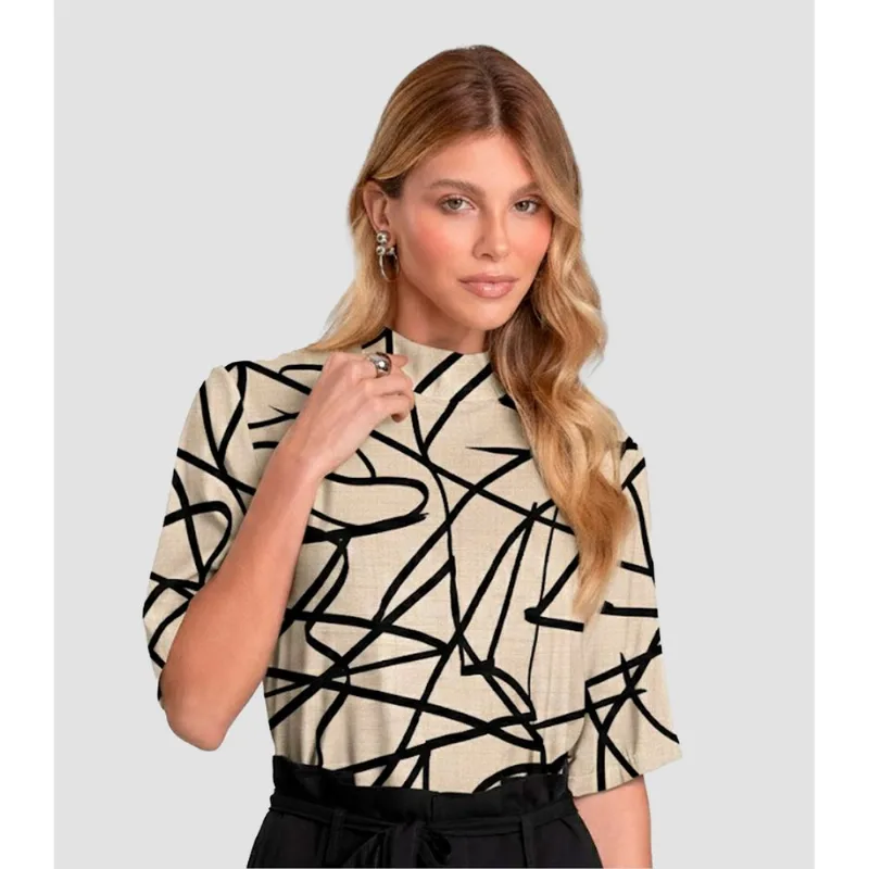 Blusa Feminina em Tecido Estampado Dianna Bege PP