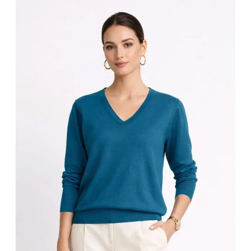 Suéter Feminino Gola V em Tricot Rovitex Azul GG