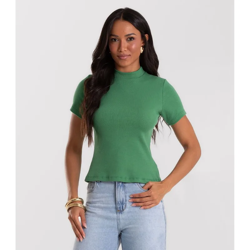 Blusa Feminina Básica Em Ribana Com Gola Rovitex Verde P