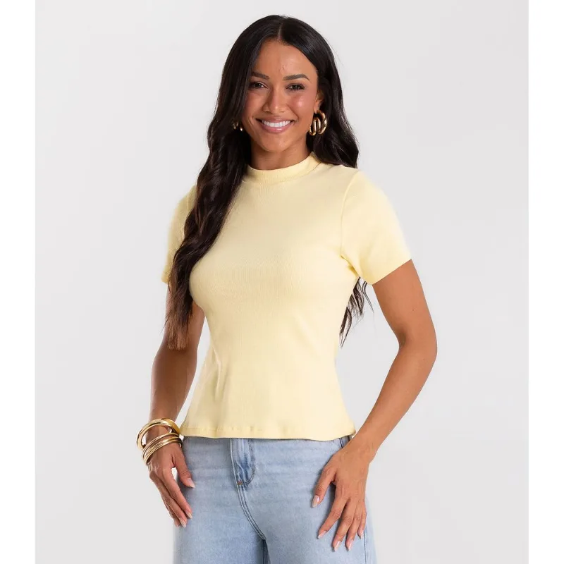 Blusa Feminina Básica Em Ribana Com Gola Rovitex Amarelo G