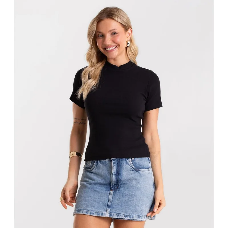 Blusa Feminina Básica Em Ribana Com Gola Rovitex Preto M
