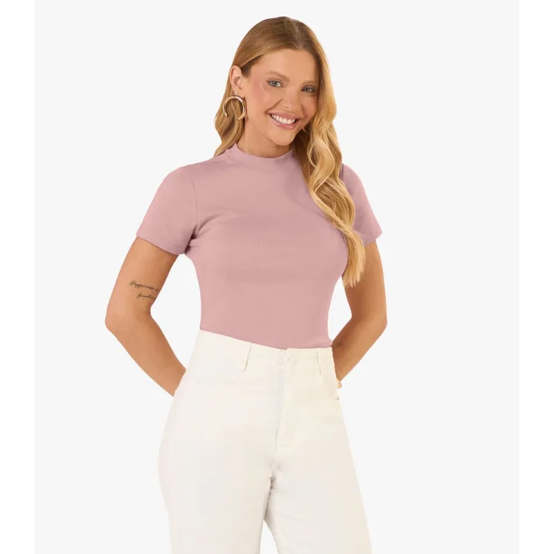 Blusa Feminina Básica Em Ribana Com Gola Rovitex Rosa P