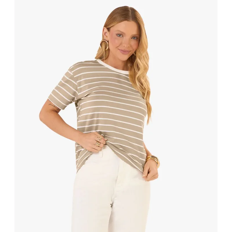 T-Shirt Feminina Básica Listrada Em Cotton Rovitex Bege P