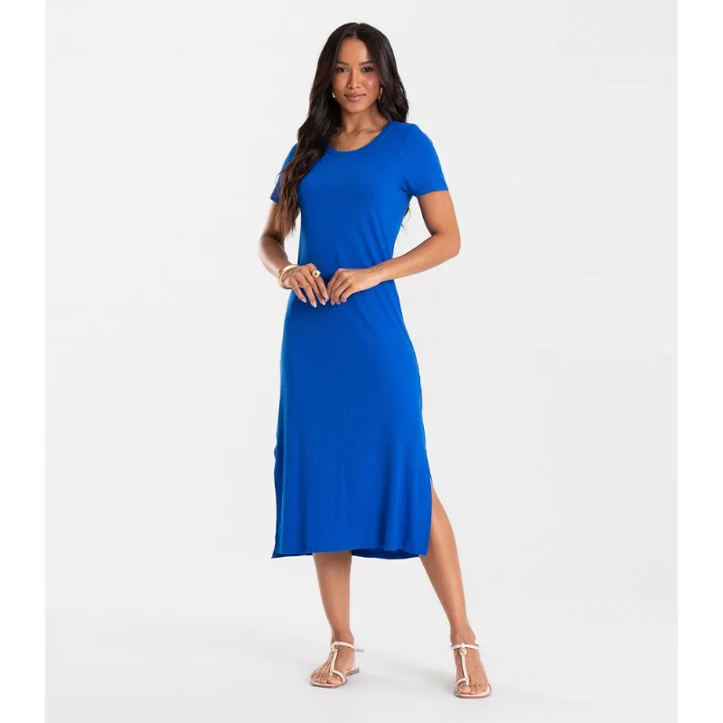 Vestido Feminino Básico Midi Em Ribana Rovitex Azul G