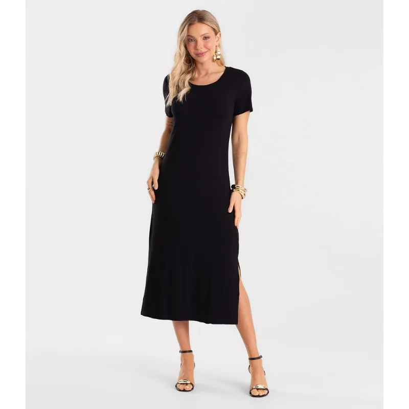 Vestido Feminino Básico Midi Em Ribana Rovitex Preto P