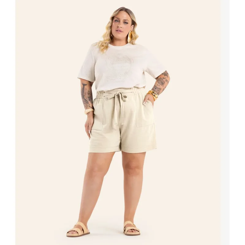 Blusa Feminina Manga Curta Meia Malha Secret Glam Bege Plus G1