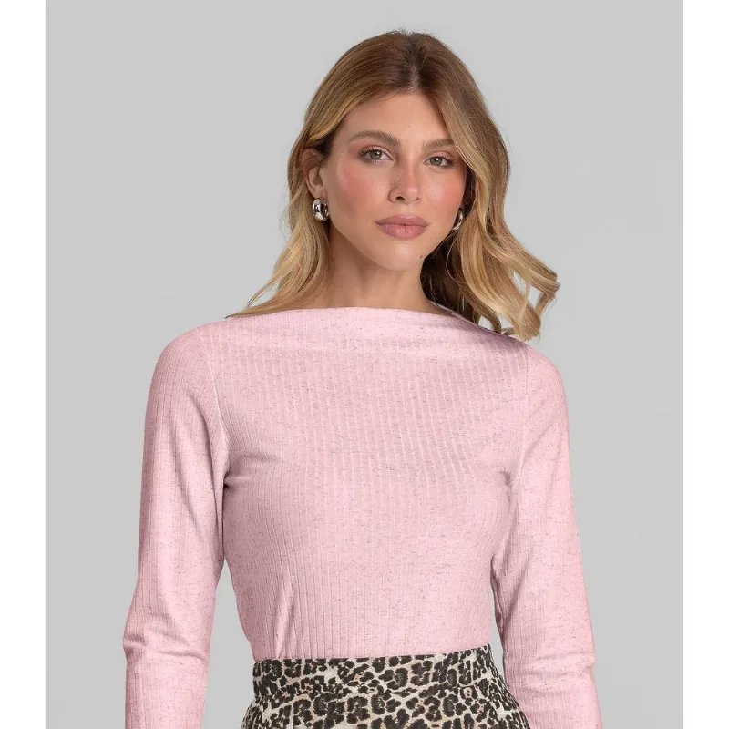 Blusa Feminina Manga Longa Canelada Dianna Rosa PP