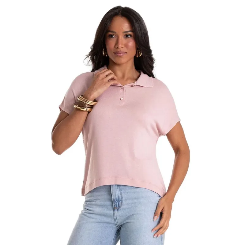 Blusa Feminina Rovitex Visco Tricot Gola Polo Rosa Claro - GG