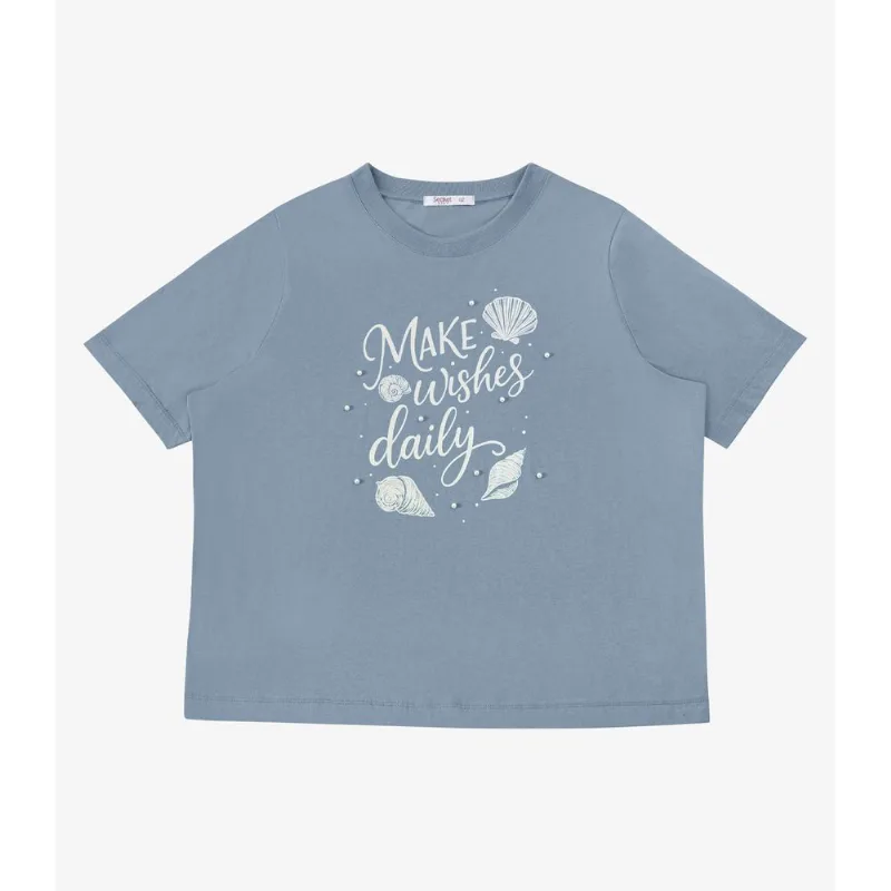 T-Shirt Feminina Com Estampa Secret Glam Azul Plus G3