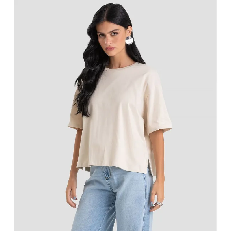 Blusa Feminina Manga Curta Box Dianna Bege G