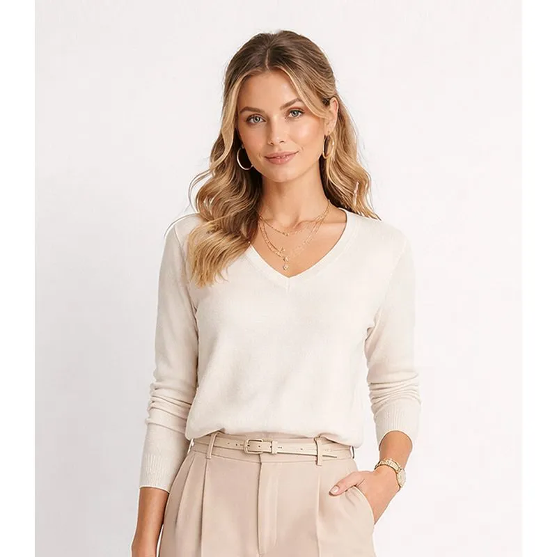 Sueter Feminino Gola V Em Tricot Rovitex Bege GG