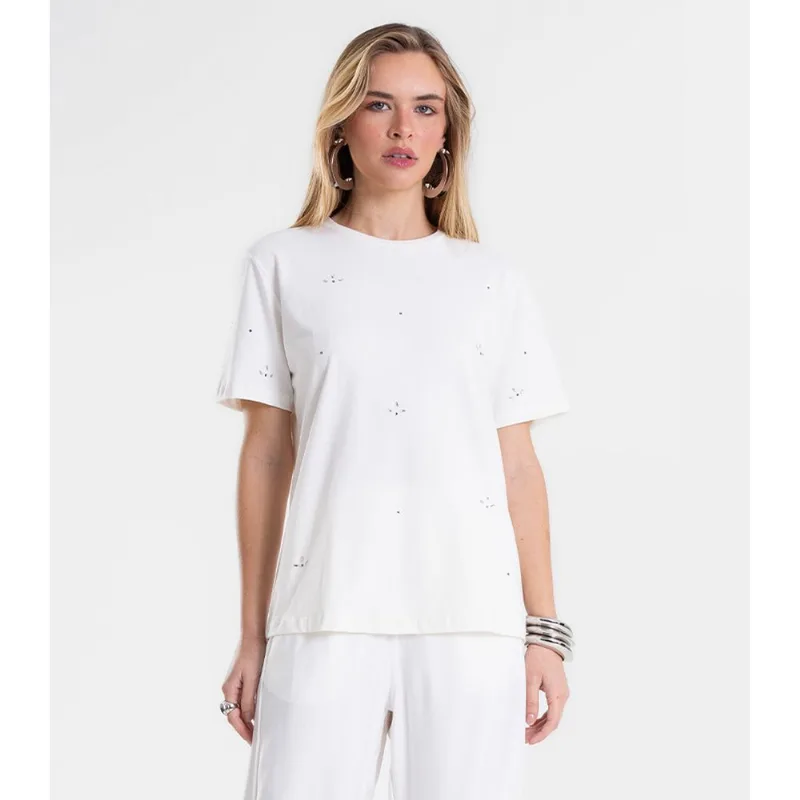T-Shirt Feminina Cotton Com Aplicações Endless Bege M