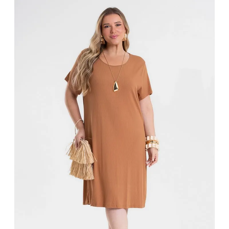 Vestido Feminino Curto Canelado Plus Size Secret Marrom Plus G4