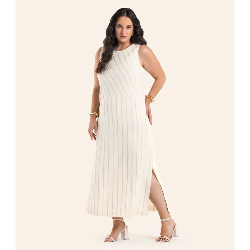 Vestido Midi Viscolinho Listras Secret Glam Bege Plus G4