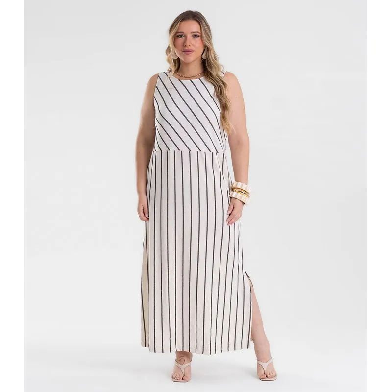 Vestido Midi Viscolinho Listras Secret Glam Preto Plus G3