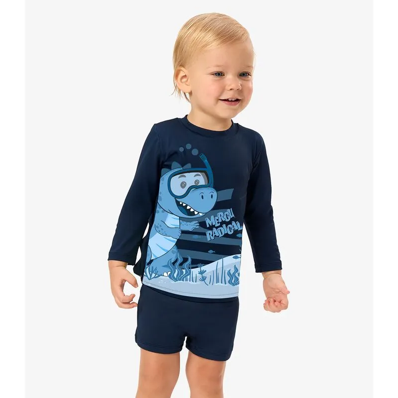 Conjunto Camiseta Manga Longa E Sunga UV Rovi Kids Azul 1