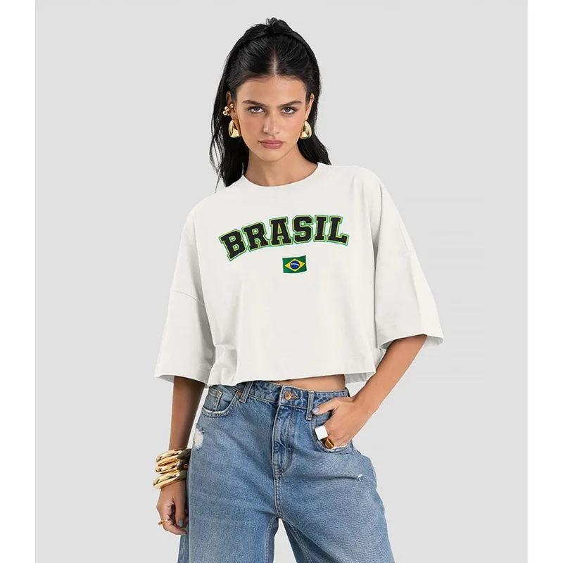 T- Shirt Feminina em Meia Malha Brasil Dianna Bege GG