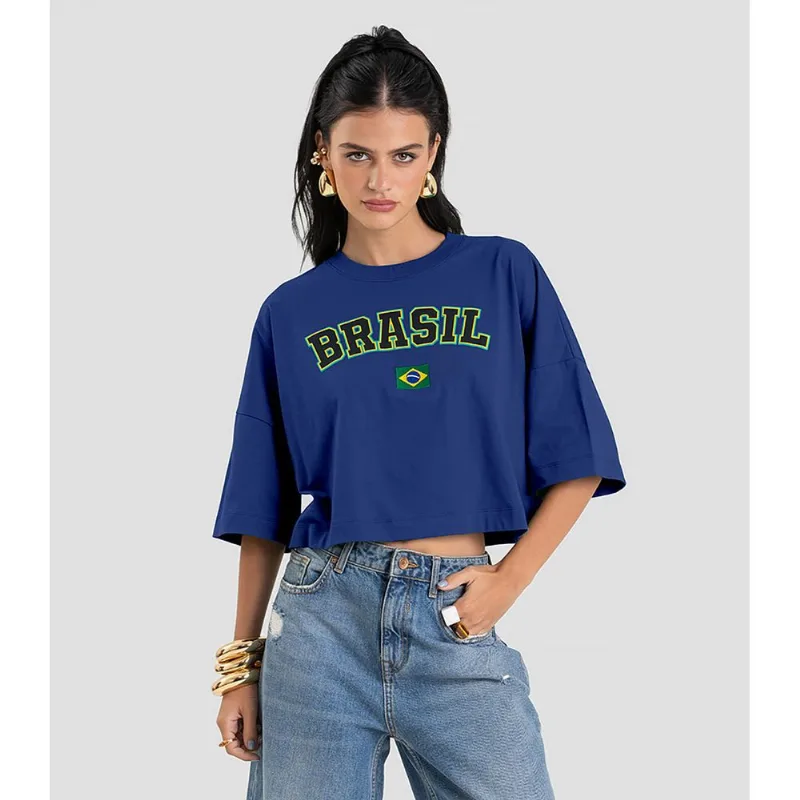 T- Shirt Feminina em Meia Malha Brasil Dianna Azul P