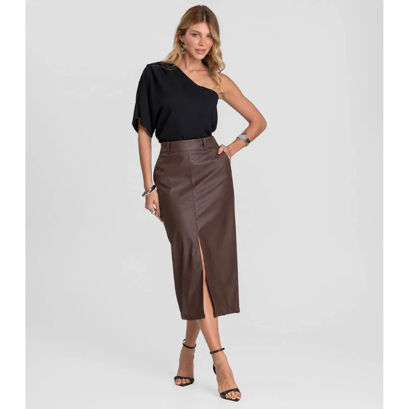 Saia Midi Feminina Courino Com Fenda Dianna Marrom P