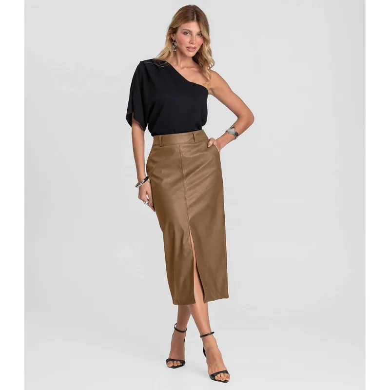 Saia Midi Feminina Courino Com Fenda Dianna Marrom GG
