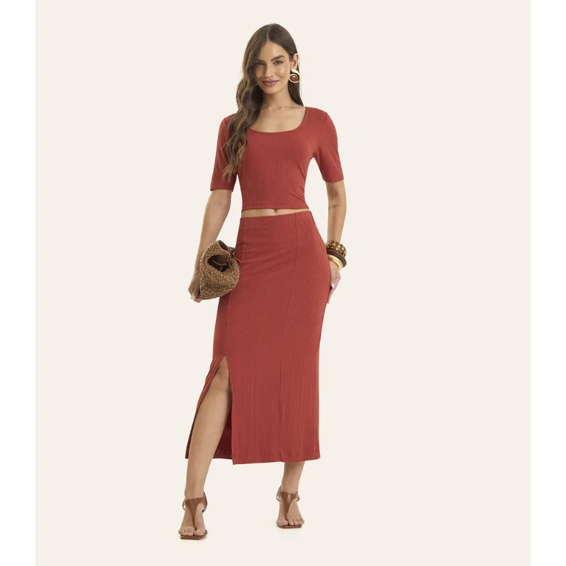 Conjunto Blusa Com Saia Feminino Ribana Rovitex Marrom GG