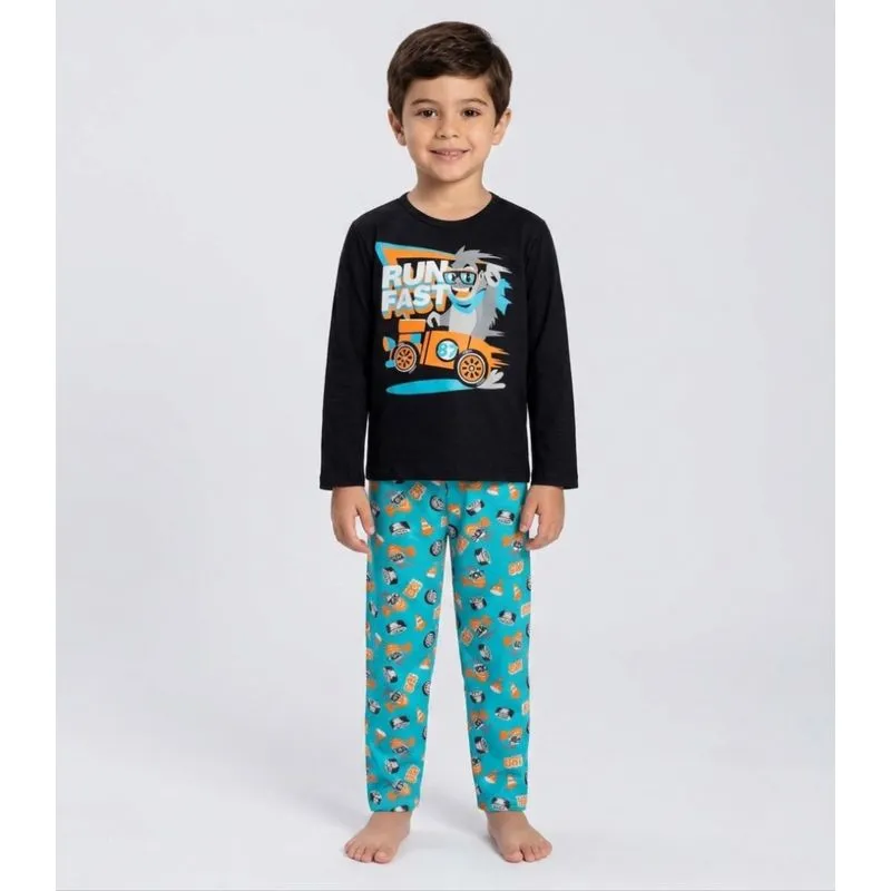 Pijama Menino Manga Longa Meia Malha Kappes Preto 10