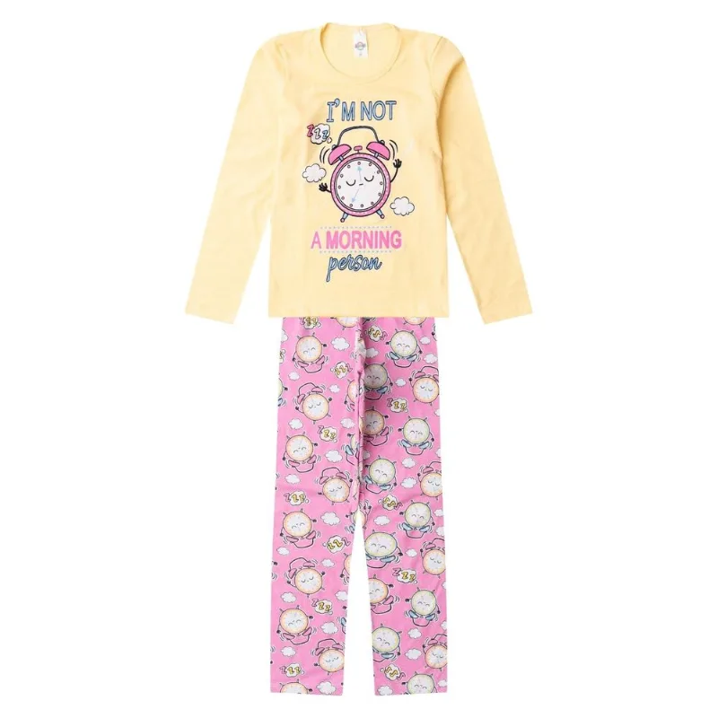Pijama Menina Manga Longa Meia Malha Select Amarelo 12
