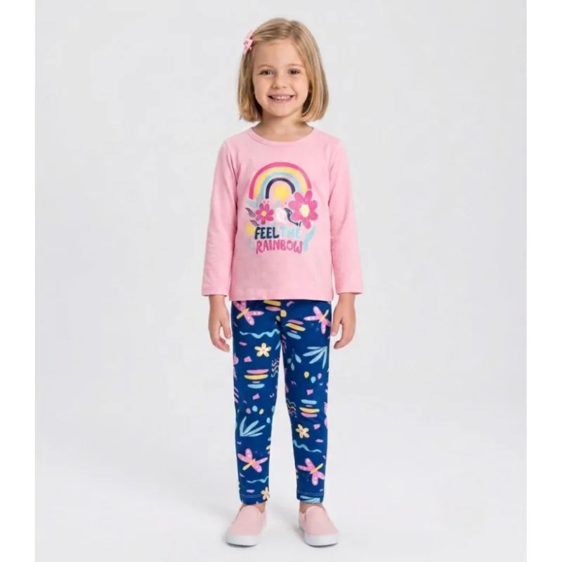 Conjunto Algodão Menina Blusa Longa E Calça Kappes Rosa 3