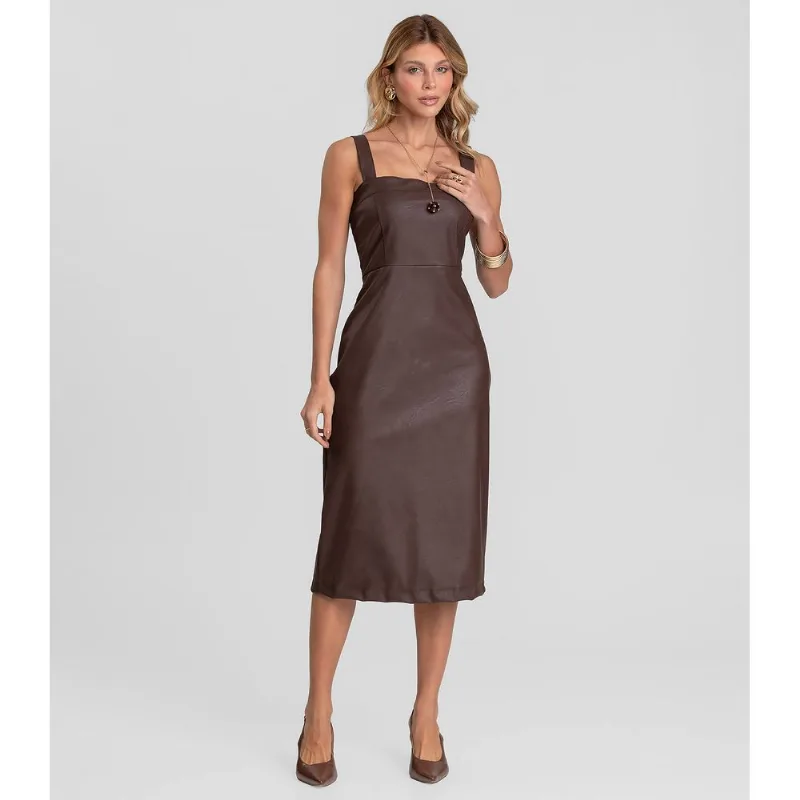 Vestido Feminino Midi em Courino Basic Dianna Marrom P