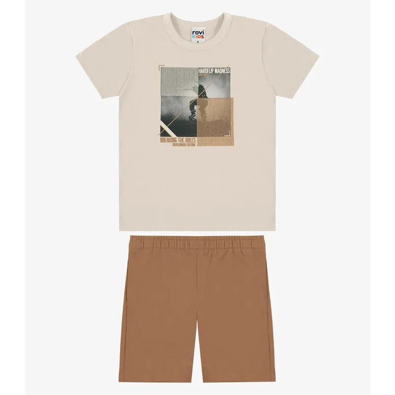 Conjunto Camiseta Com Bermuda Infantil Rovi Kids Bege 10